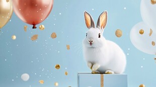 白兔立于礼盒 气球相伴