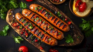 香烤香肠摆于木盘饰以香料