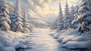 冬日雪林溪流梦幻美景