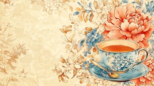 复古花卉旁的精致茶杯