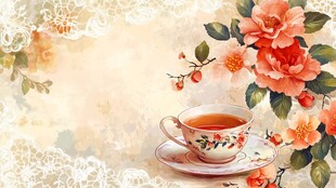 复古花卉旁的精致下午茶