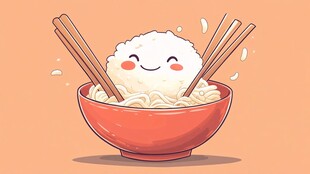 可爱笑脸米饭在红碗中