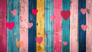 多彩木板上的爱心装饰