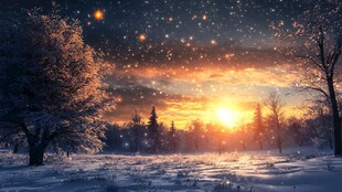 冬日雪野的梦幻日落美景