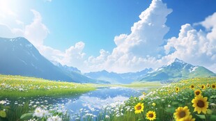 梦幻山野湖畔花海美景