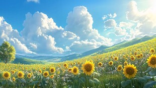 向日葵花海与蓝天白云美景