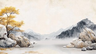 水墨山水间的孤树奇石