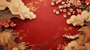 中式喜庆红底祥云花卉图