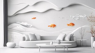 简约客厅 立体墙饰金鱼景
