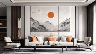 新中式客厅的雅致山水背景墙