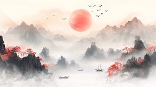 红日映山水 飞鸟伴行舟