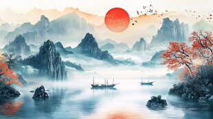 夕阳山水间 孤舟诗意景