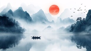 水墨山水间的泛舟日出景