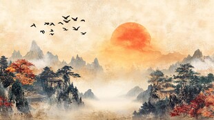 落日群山飞鸟诗意山水景