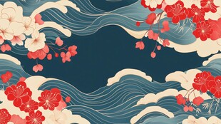 日式浮世绘风海浪樱花图