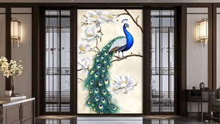 中式玄关孔雀玉兰花壁画