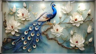 玉兰花旁的绚丽孔雀