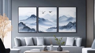 新中式客厅三联山水装饰画