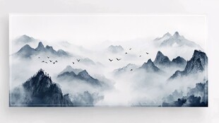 水墨山水间飞鸟越群山