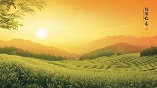 夕阳下的广袤绿色茶园