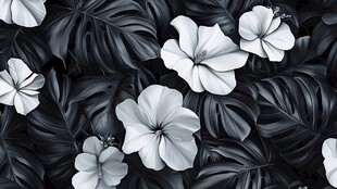 黑白花卉树叶无缝图案