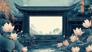 中式荷花畔的古风屏景