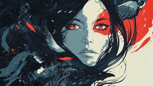 神秘红眸女子与飞鸟奇幻图