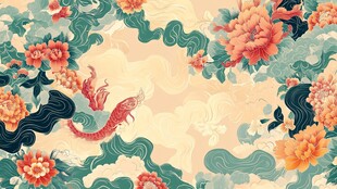 中式花卉锦鲤吉祥图案