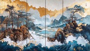 中式山水墨韵屏风画作