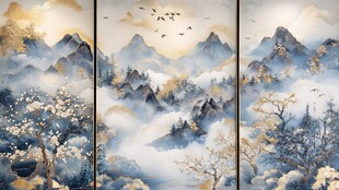 三联山水墨画 诗意山水景