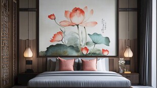 中式卧室中的荷花挂画