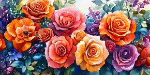 多彩玫瑰花束水彩画