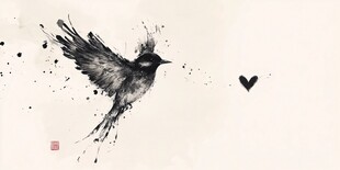 水墨飞鸟与爱心艺术画作