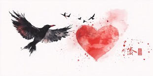 飞鸟与爱心的水墨画卷
