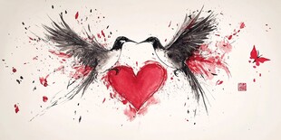 双鸟衔心绘就浪漫水墨情