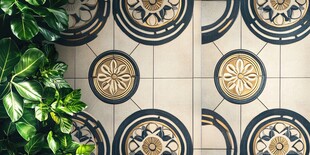 复古花纹瓷砖与绿植搭配