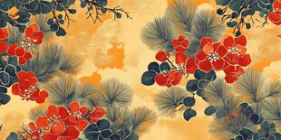 中式花卉松枝图案设计