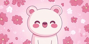 粉色小熊置身烂漫花丛中