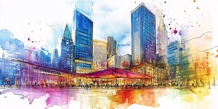 水彩绘就的繁华都市景象