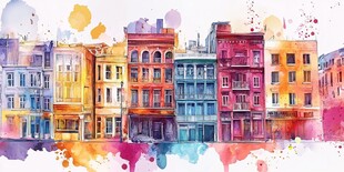 多彩水彩绘就的城市建筑