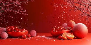 喜庆红背景下的鲜果盛景