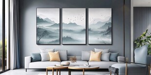 新中式客厅的雅致山水挂画