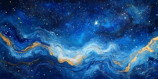 梦幻星空下的蓝色波浪