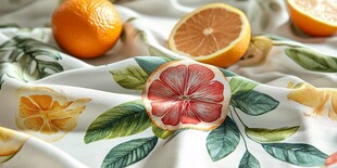 柑橘印花布上的新鲜橙子