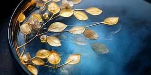 金色叶饰于深蓝盘上