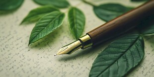 钢笔置于绿叶与字迹之上