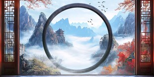 中式山水圆窗意境风光