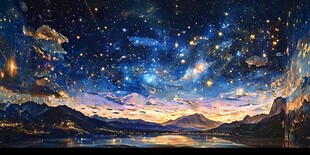 梦幻星空下的山水夜景