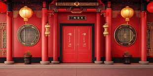 中式红门古建喜庆景象