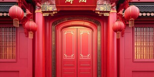 中式红门挂灯笼迎新春